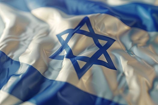 The flag of Israel, with a white and blue design and Star of David, is fluttering in the wind in a close-up view.