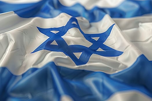 National flag of Israel fluttering in the wind, close-up front view. White and blue flag with star of David. 3D Render.