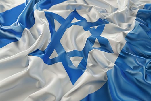 The national flag of Israel, with a blue and white design and a prominent Star of David, flutters in the wind. Close-up front view illustration.