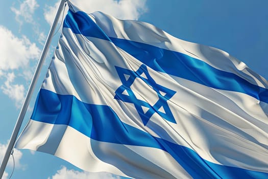 The flag of Israel, featuring white and blue colors and the Star of David, is waving in the wind in a close-up front view.