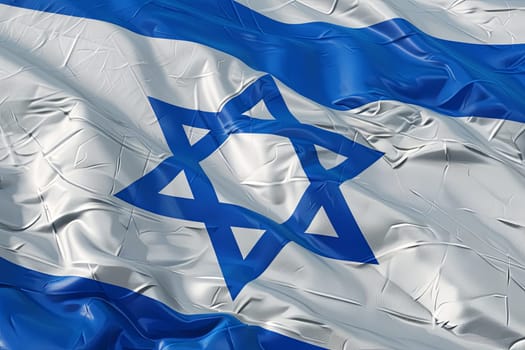 The national flag of Israel waving in the wind, close-up view with the Star of David visible. 3D render.