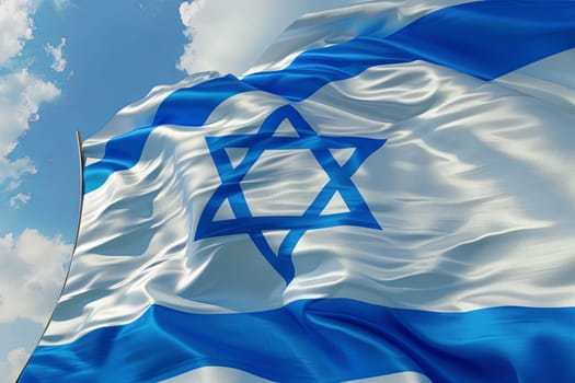The national flag of Israel is waving in the wind, showcasing its white and blue colors and the Star of David.