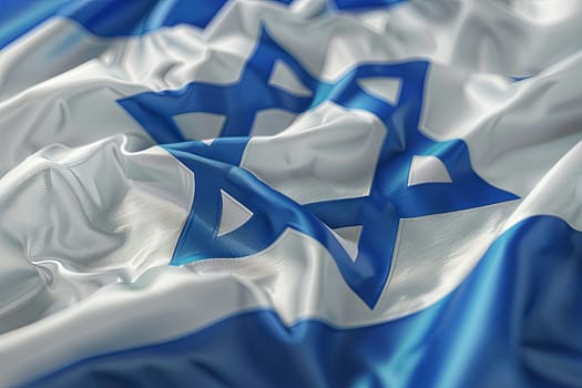 A detailed view of a blue and white flag featuring the Star of David emblem, fluttering in the wind.