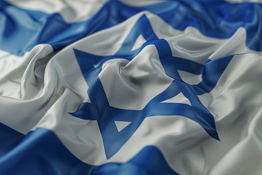 National flag of Israel with Star of David emblem, fluttering in the wind. Front view, close-up, in blue and white.