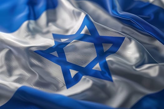 Close-up front view of the national flag of Israel fluttering in the wind, featuring the white and blue flag with the Star of David. 3D rendering.