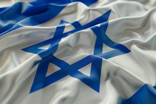 White and blue flag with Star of David fluttering in the wind in a close-up front view.