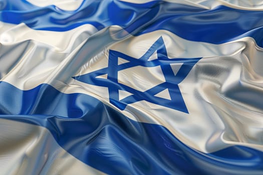 The national flag of Israel, a white and blue flag with the Star of David, flutters in the wind in a close-up front view.