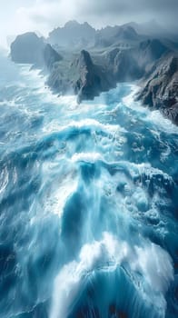 A vast body of liquid, electric blue water with mountains in the background, wind waves crashing on the shore creating a stunning natural landscape