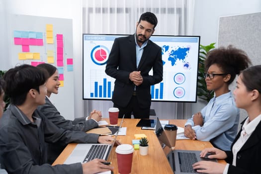 Businessman presenting data analysis dashboard display on TV screen in modern meeting for marketing strategy. Business presentation with group of business people in conference room. Concord