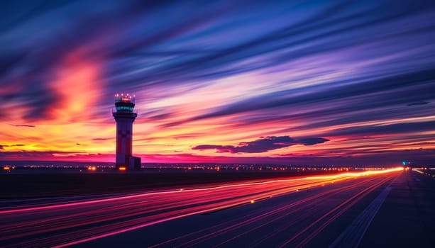 A colorful sky with a large airport tower in the background by AI generated image.