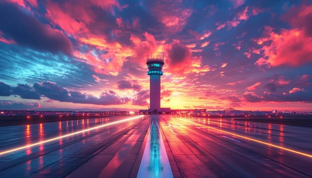 A colorful sky with a large airport tower in the background by AI generated image.