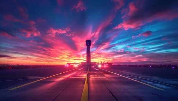 A colorful sky with a large airport tower in the background by AI generated image.