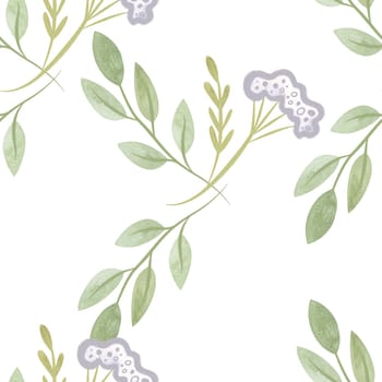 White oregano and soft green branches with leaves. Seamless watercolor pattern for fabric, wallpaper, wrapping paper, packaging cosmetics, tablecloths, curtains and home textiles