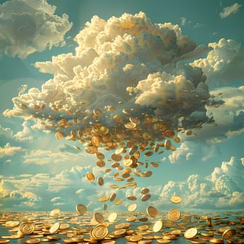Gold coins cascading from a cumulus cloud in the sky, creating a mesmerizing and enchanting sight in the natural landscape as the sunlight dances off the metal
