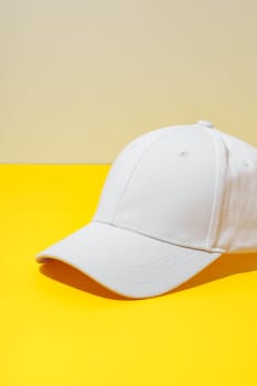 Baseball hat against yellow background in studio close up