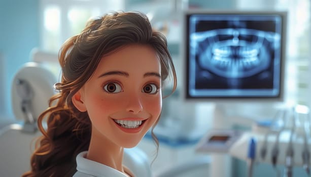 A cartoon girl is smiling in front of a dental X-ray machine by AI generated image.