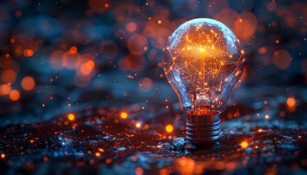 A light bulb is lit up in a blurry, glowing light by AI generated image.