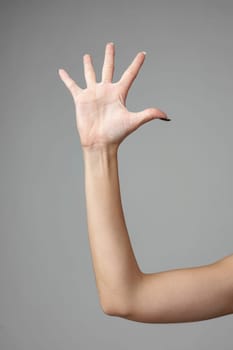 A womans arm is seen reaching upward with her hand extended above her head.