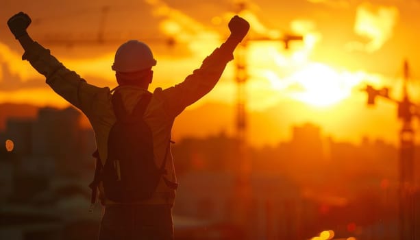 A construction worker is standing on a building overlooking a body of water by AI generated image.