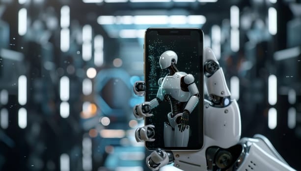 A robot is holding a cell phone and the image is of a futuristic setting by AI generated image.