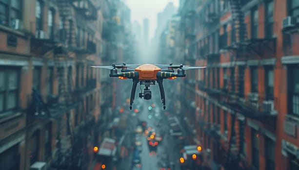 A drone is flying over a city street by AI generated image.