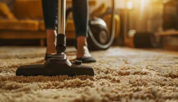 A person is vacuuming a carpet in a living room by AI generated image.
