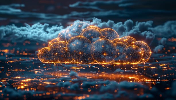 A cloud of data is projected onto a city skyline by AI generated image.