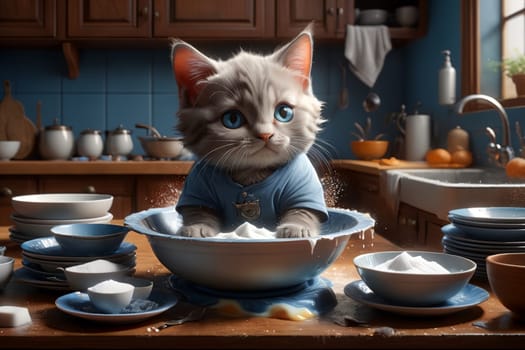 cute cat washes dirty dishes in the kitchen .