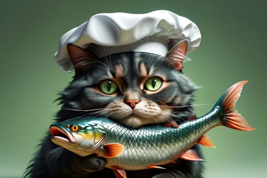 Cute cat chef preparing fish in the kitchen .