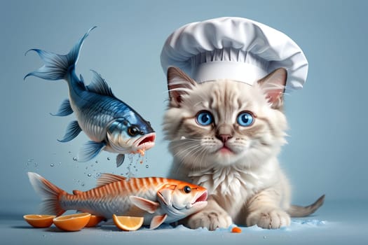 Cute cat chef preparing fish in the kitchen .