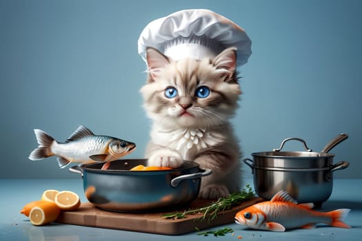 Cute cat chef preparing fish in the kitchen .