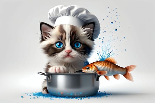 Cute cat chef preparing fish in the kitchen .