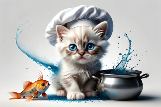 Cute cat chef preparing fish in the kitchen .