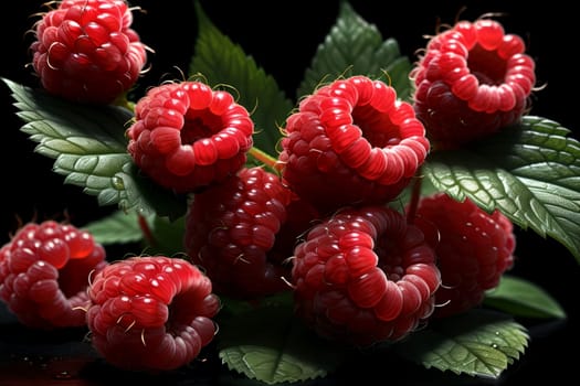 ripe raspberries with leaves isolated on a black background.