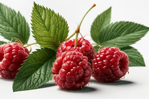 ripe raspberries with leaves isolated on a white background.