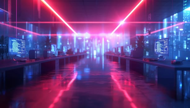 A neon lit room with a long hallway with many computer monitors by AI generated image.