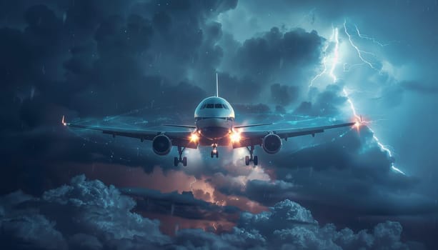 A plane is flying through a storm with lightning bolts by AI generated image.