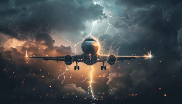 A plane is flying through a storm with lightning bolts by AI generated image.