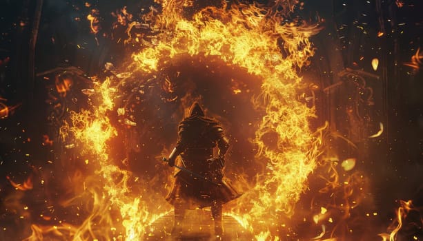 A man stands in front of a fiery circle by AI generated image.