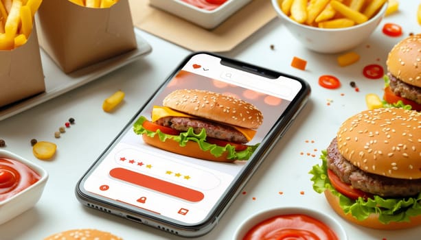 A cell phone is on a table with a variety of food, including hamburgers, fries by AI generated image.