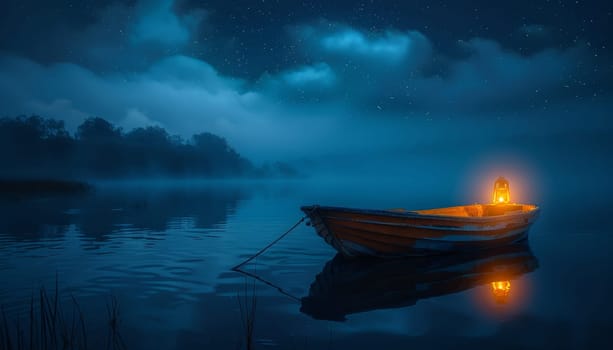 A boat is floating on a lake at night with a lantern lit by AI generated image.