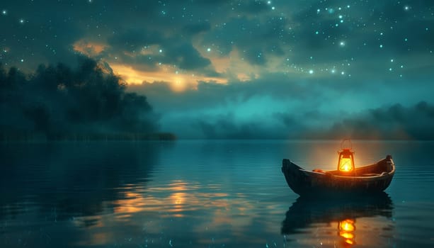 A boat is floating on a lake at night with a lantern lit by AI generated image.