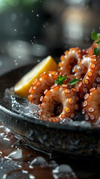 A mouthwatering dish of octopus on ice, adorned with a zesty slice of lemon for a burst of citrus flavor. A perfect seafood cuisine to satisfy your taste buds