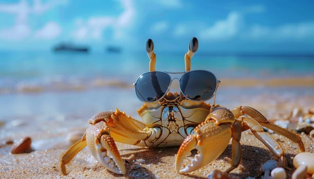 A crab is wearing sunglasses and standing on the beach by AI generated image.