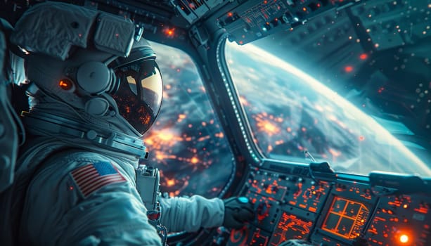 A man in a spacesuit is piloting a spaceship through space by AI generated image.