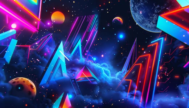 A colorful, neon-lit space with a lot of shapes by AI generated image.