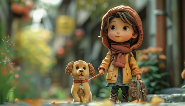 A girl is walking her dog down a street by AI generated image.