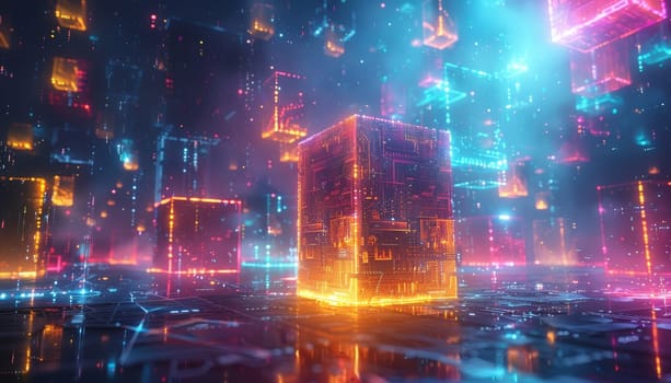 A colorful cityscape with neon lights and a glowing cube in the middle by AI generated image.