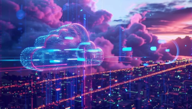 A cloud of data is projected onto a city skyline by AI generated image.