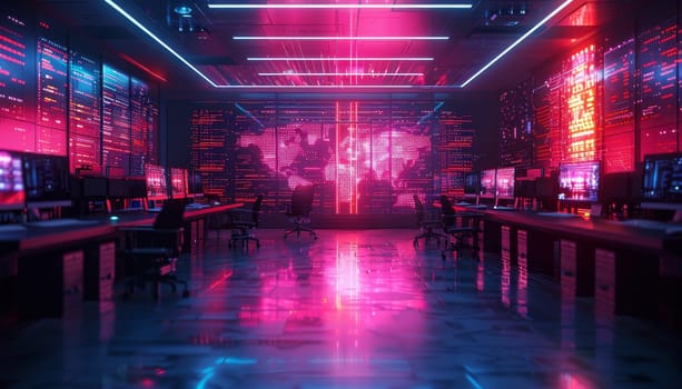 A neon lit room with a long hallway with many computer monitors by AI generated image.